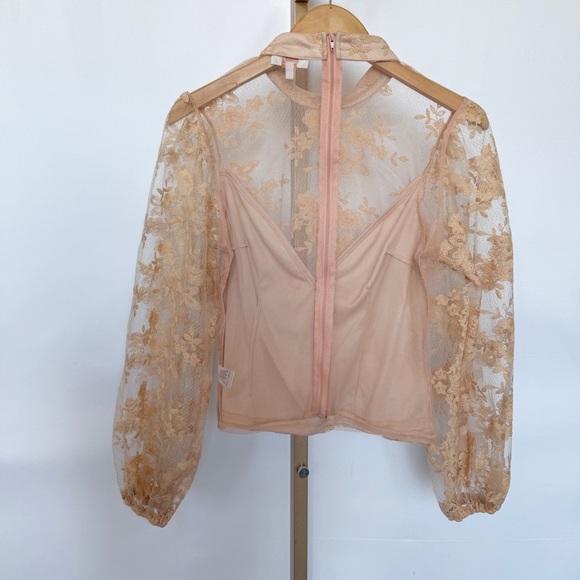 Peach Couture Women's Beige Sheer Floral Embroidered Blouse Size M Cropped - Picture 7 of 11